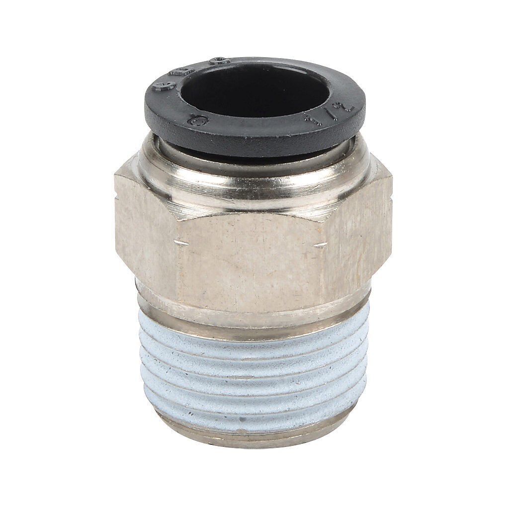 MS12-12N - NITRA pneumatic push-to-connect fitting, straight, nickel-plated brass body, nickel-plated brass threads, thread sealant, (1) 1/2in male NPT to (1) 1/2in push-to-connect. Package of 5.
