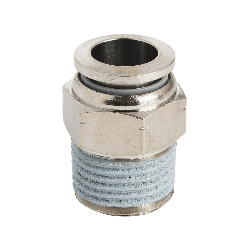 MS12-12N-B - NITRA pneumatic push-to-connect fitting, straight, nickel-plated brass body, nickel-plated brass threads, thread sealant, (1) 1/2in male NPT to (1) 1/2in push-to-connect. Package of 5.