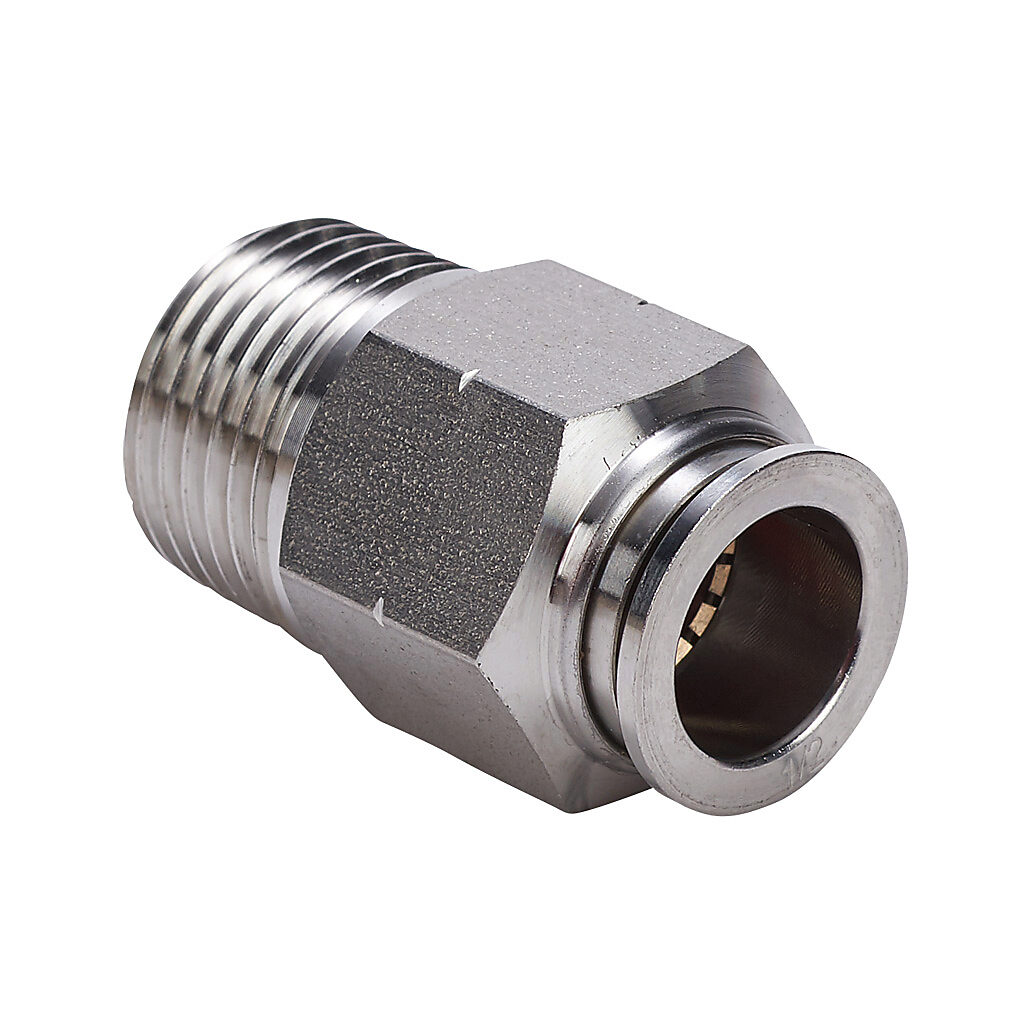 MS12-12N-SS - NITRA pneumatic push-to-connect fitting, straight, 316 stainless steel body, 316 stainless steel threads, (1) 1/2in male NPT to (1) 1/2in push-to-connect.