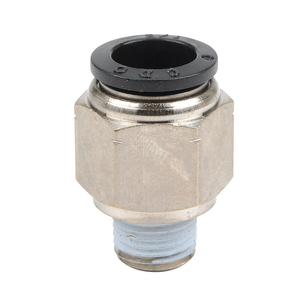 MS12-14N - NITRA pneumatic push-to-connect fitting, straight, nickel-plated brass body, nickel-plated brass threads, thread sealant, (1) 1/4in male NPT to (1) 1/2in push-to-connect. Package of 5.