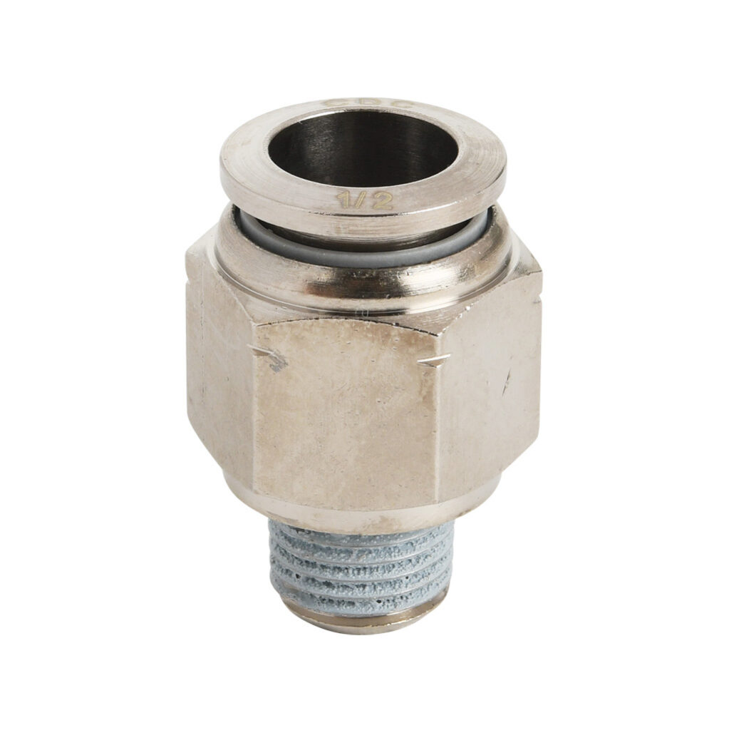 MS12-14N-B - NITRA pneumatic push-to-connect fitting, straight, nickel-plated brass body, nickel-plated brass threads, thread sealant, (1) 1/4in male NPT to (1) 1/2in push-to-connect. Package of 5.