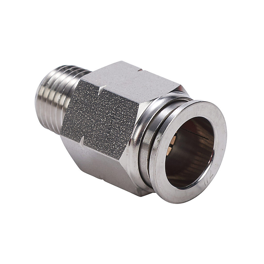 MS12-14N-SS - NITRA pneumatic push-to-connect fitting, straight, 316 stainless steel body, 316 stainless steel threads, (1) 1/4in male NPT to (1) 1/2in push-to-connect.