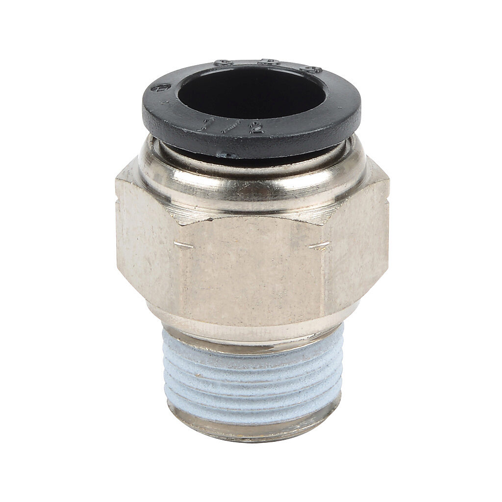 MS12-38N - NITRA pneumatic push-to-connect fitting, straight, nickel-plated brass body, nickel-plated brass threads, thread sealant, (1) 3/8in male NPT to (1) 1/2in push-to-connect. Package of 5.