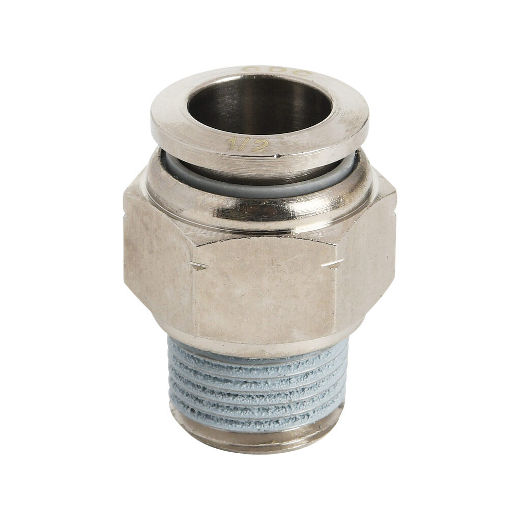 MS12-38N-B - NITRA pneumatic push-to-connect fitting, straight, nickel-plated brass body, nickel-plated brass threads, thread sealant, (1) 3/8in male NPT to (1) 1/2in push-to-connect. Package of 5.