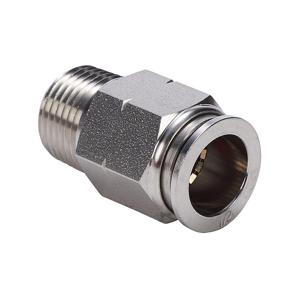 MS12-38N-SS - NITRA pneumatic push-to-connect fitting, straight, 316 stainless steel body, 316 stainless steel threads, (1) 3/8in male NPT to (1) 1/2in push-to-connect.