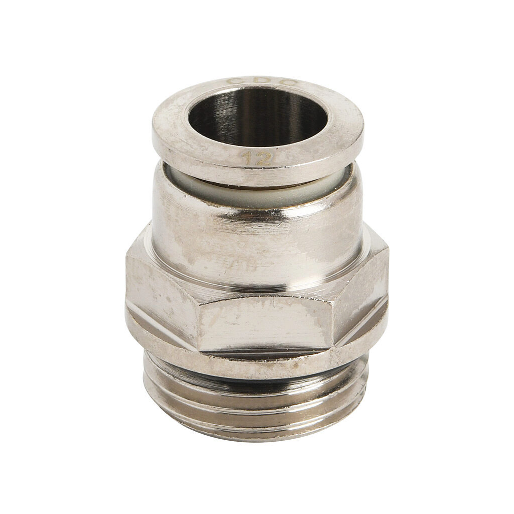 MS12M-12G-B - NITRA pneumatic push-to-connect fitting, straight, nickel-plated brass body, nickel-plated brass threads, Buna-N O-ring seal(s), (1) G1/2 male BSPP to (1) 12mm push-to-connect. Package of 5.