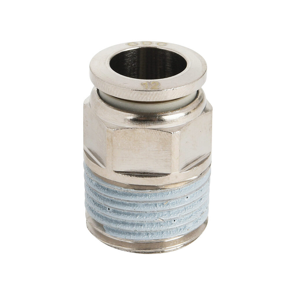 MS12M-12R-B - NITRA pneumatic push-to-connect fitting, straight, nickel-plated brass body, nickel-plated brass threads, thread sealant, (1) R1/2 male BSPT to (1) 12mm push-to-connect. Package of 5.