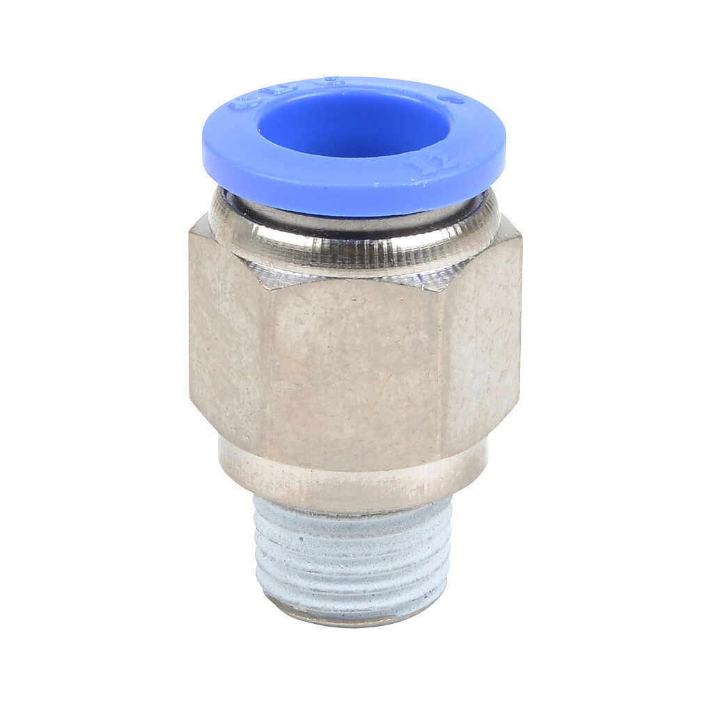 MS12M-14R - NITRA pneumatic push-to-connect fitting, straight, nickel-plated brass body, nickel-plated brass threads, thread sealant, (1) R1/4 male BSPT to (1) 12mm push-to-connect. Package of 5.