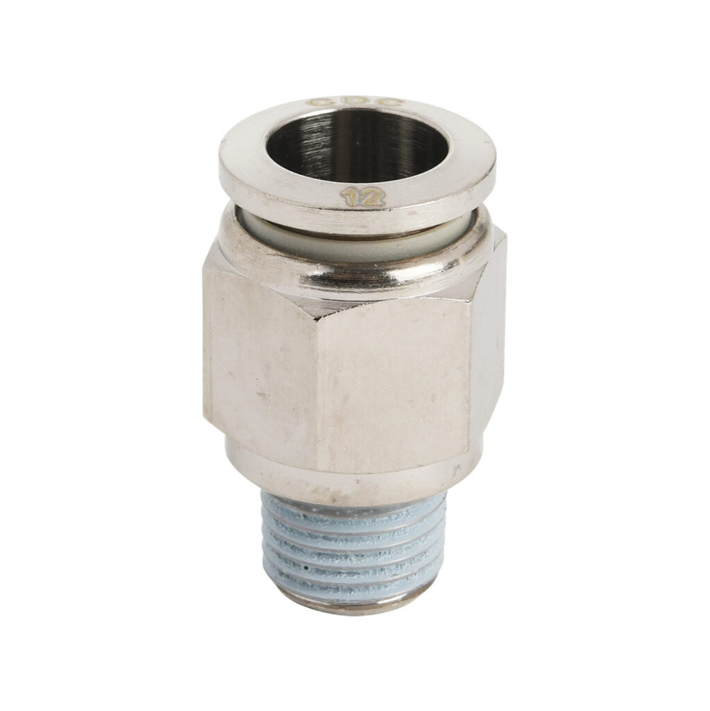 MS12M-14R-B - NITRA pneumatic push-to-connect fitting, straight, nickel-plated brass body, nickel-plated brass threads, thread sealant, (1) R1/4 male BSPT to (1) 12mm push-to-connect. Package of 5.