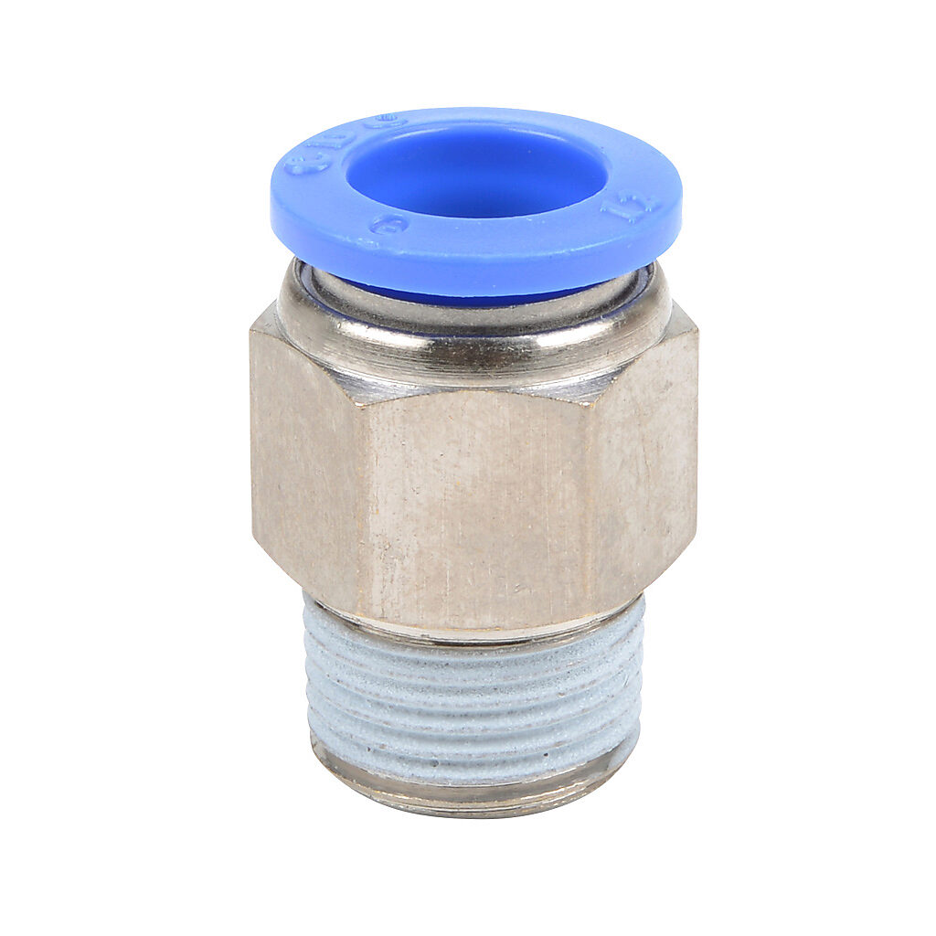 MS12M-38R - NITRA pneumatic push-to-connect fitting, straight, nickel-plated brass body, nickel-plated brass threads, thread sealant, (1) R3/8 male BSPT to (1) 12mm push-to-connect. Package of 5.