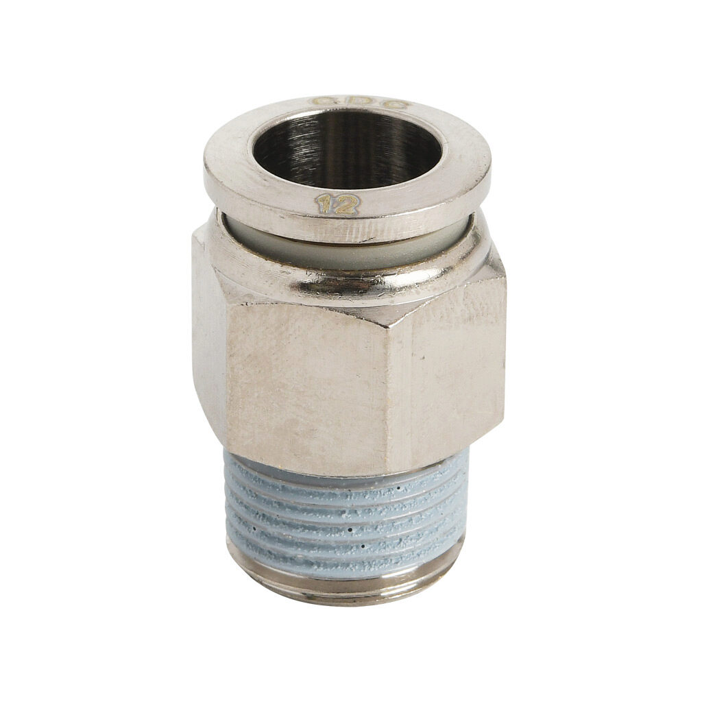 MS12M-38R-B - NITRA pneumatic push-to-connect fitting, straight, nickel-plated brass body, nickel-plated brass threads, thread sealant, (1) R3/8 male BSPT to (1) 12mm push-to-connect. Package of 5.