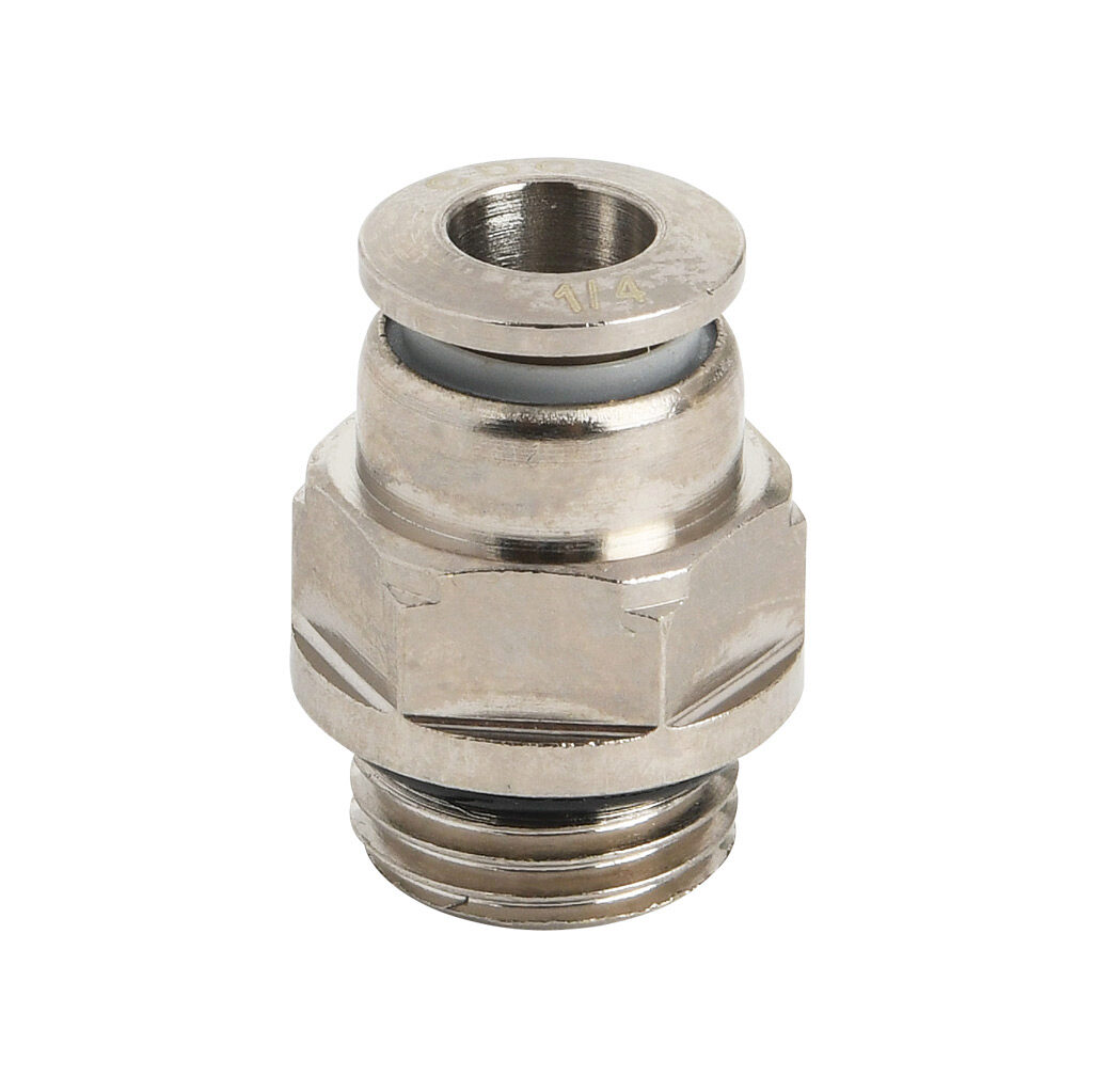 MS14-14G-B - NITRA pneumatic push-to-connect fitting, straight, nickel-plated brass body, nickel-plated brass threads, Buna-N O-ring seal(s), (1) G1/4 male BSPP to (1) 1/4in push-to-connect. Package of 5.