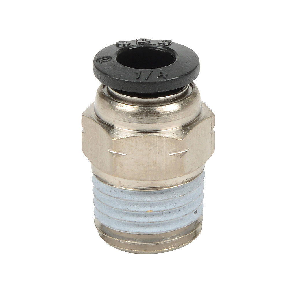 MS14-14N - NITRA pneumatic push-to-connect fitting, straight, nickel-plated brass body, nickel-plated brass threads, thread sealant, (1) 1/4in male NPT to (1) 1/4in push-to-connect. Package of 5.