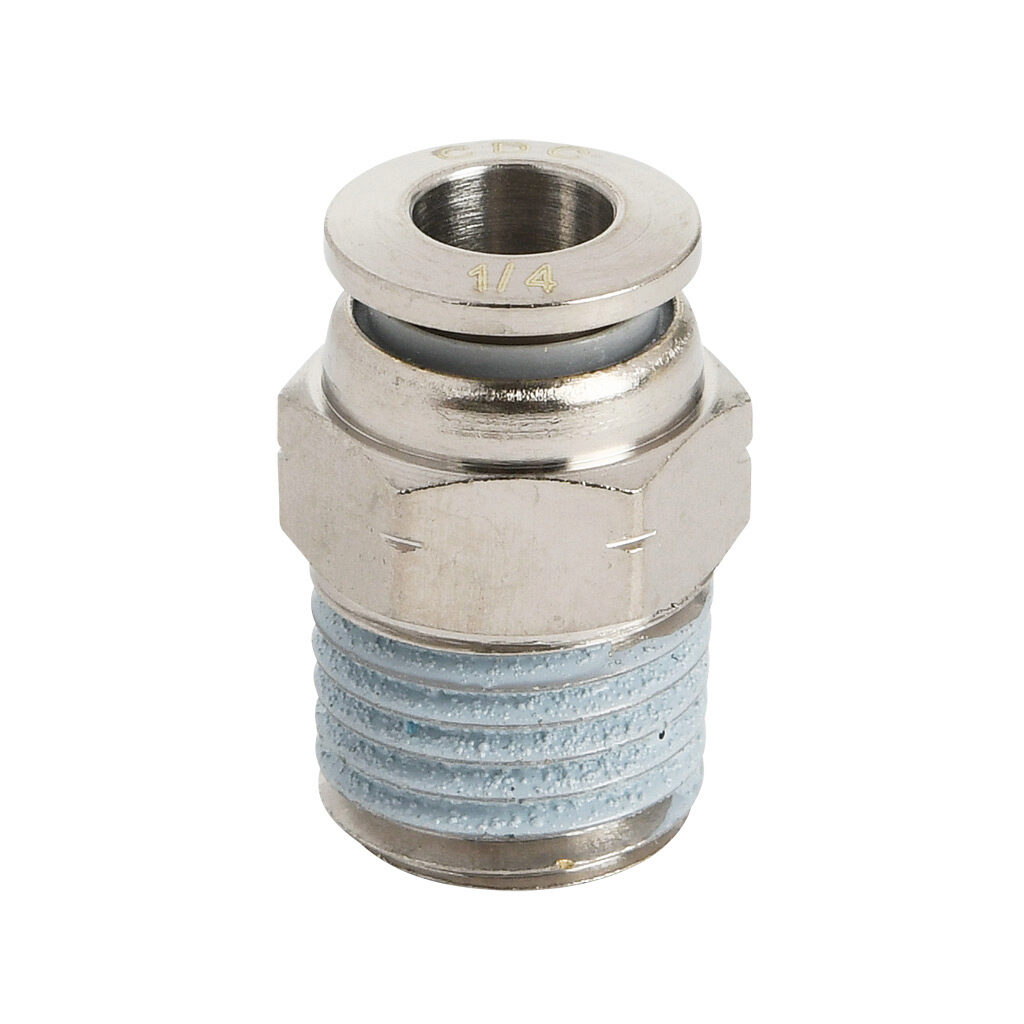 MS14-14N-B - NITRA pneumatic push-to-connect fitting, straight, nickel-plated brass body, nickel-plated brass threads, thread sealant, (1) 1/4in male NPT to (1) 1/4in push-to-connect. Package of 5.