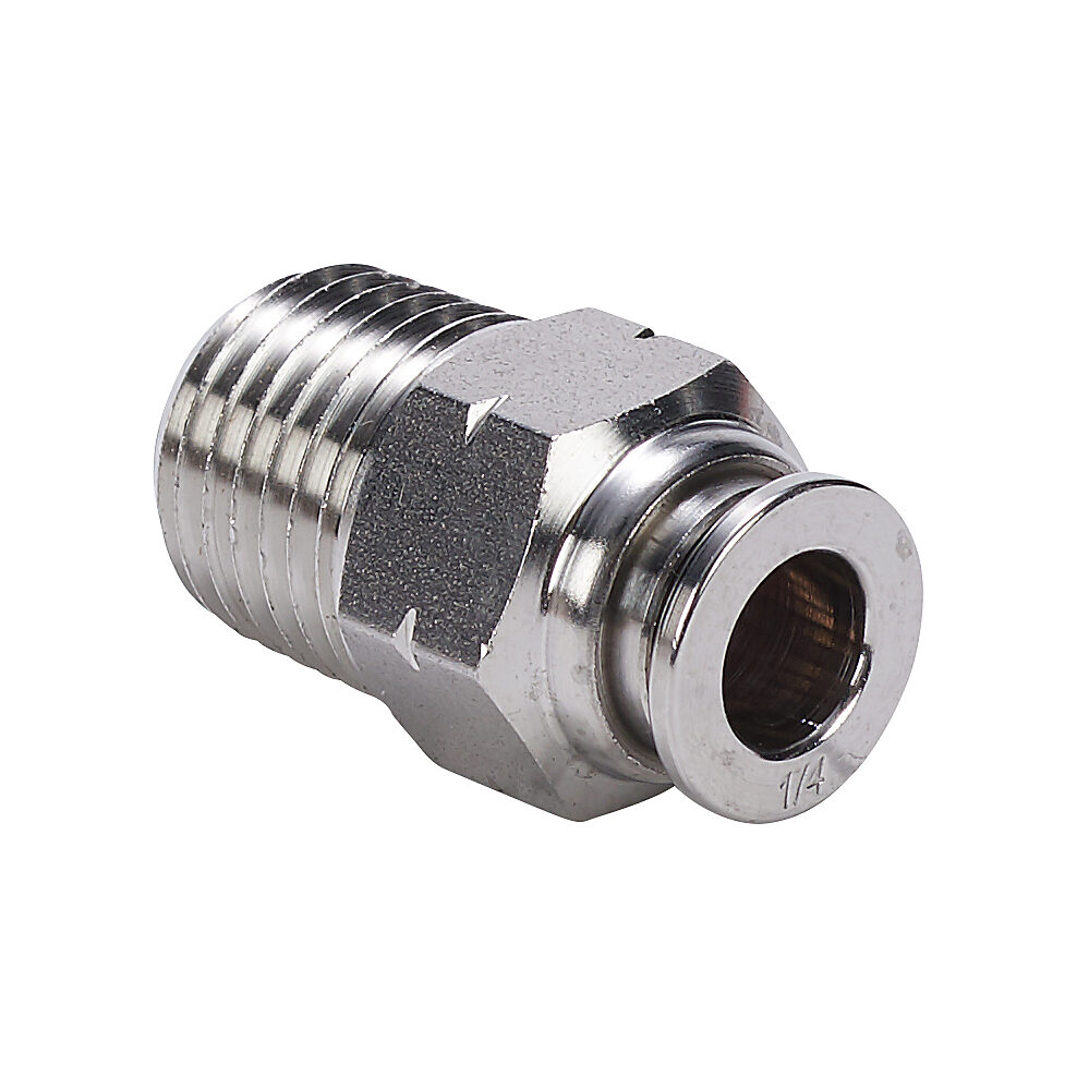 MS14-14N-SS - NITRA pneumatic push-to-connect fitting, straight, 316 stainless steel body, 316 stainless steel threads, (1) 1/4in male NPT to (1) 1/4in push-to-connect.