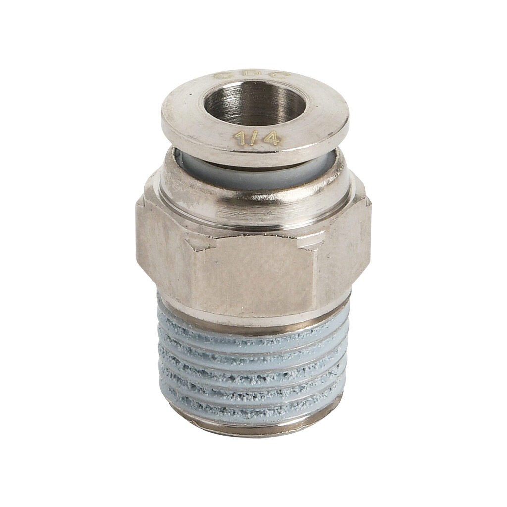 MS14-14R-B - NITRA pneumatic push-to-connect fitting, straight, nickel-plated brass body, nickel-plated brass threads, thread sealant, (1) R1/4 male BSPT to (1) 1/4in push-to-connect. Package of 5.