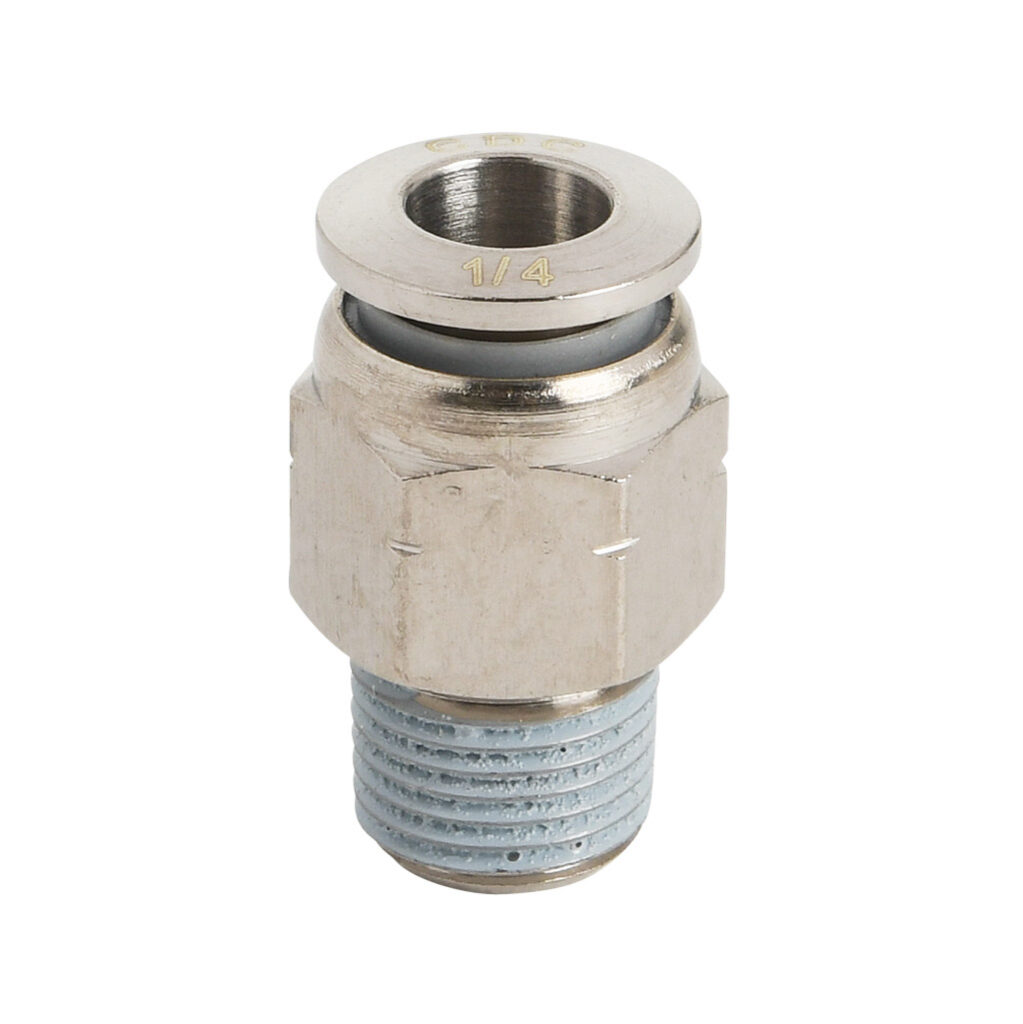 MS14-18N-B - NITRA pneumatic push-to-connect fitting, straight, nickel-plated brass body, nickel-plated brass threads, thread sealant, (1) 1/8in male NPT to (1) 1/4in push-to-connect. Package of 5.