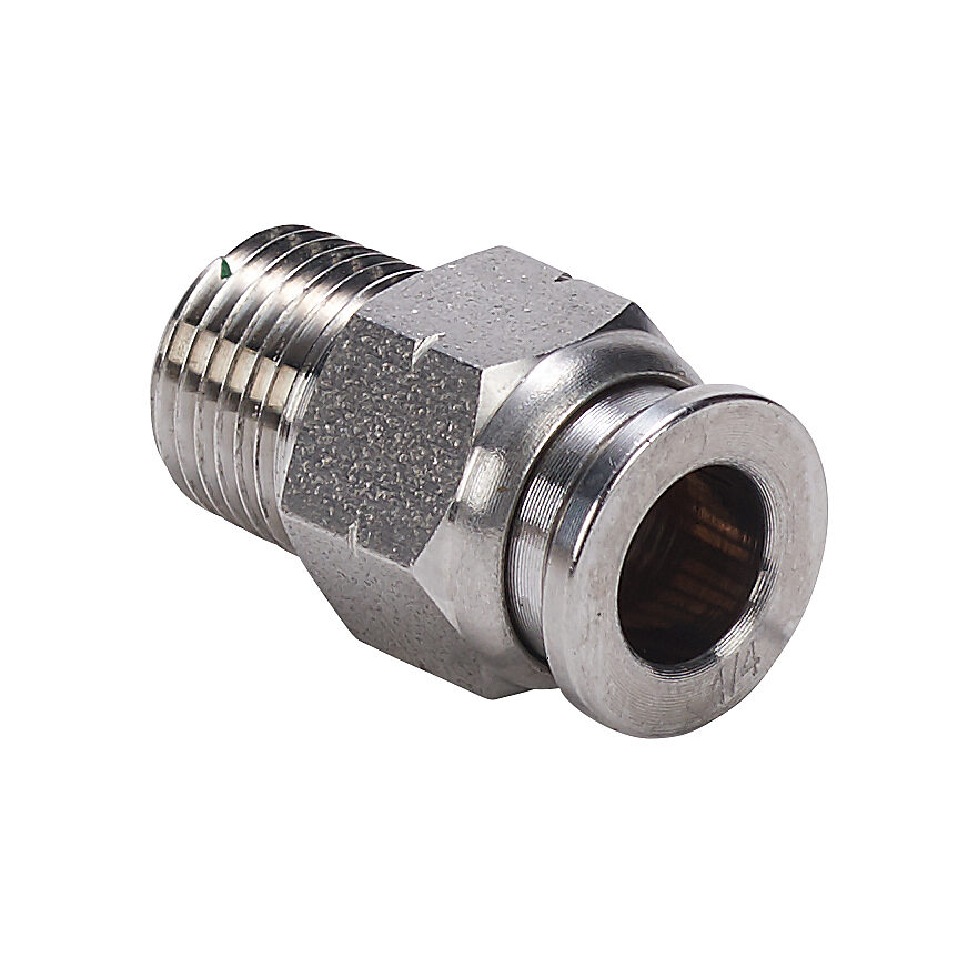 MS14-18N-SS - NITRA pneumatic push-to-connect fitting, straight, 316 stainless steel body, 316 stainless steel threads, (1) 1/8in male NPT to (1) 1/4in push-to-connect.