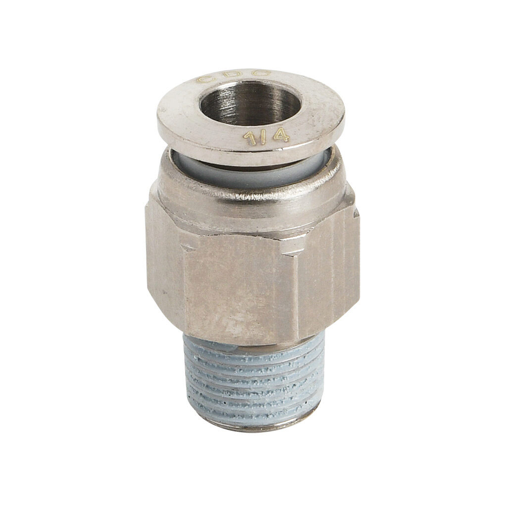 MS14-18R-B - NITRA pneumatic push-to-connect fitting, straight, nickel-plated brass body, nickel-plated brass threads, thread sealant, (1) R1/8 male BSPT to (1) 1/4in push-to-connect. Package of 5.