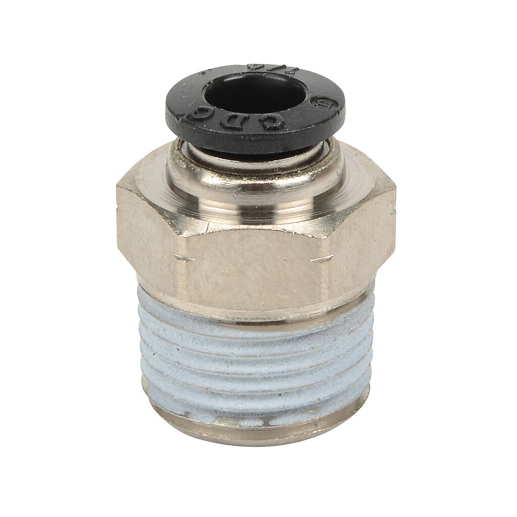 MS14-38N - NITRA pneumatic push-to-connect fitting, straight, nickel-plated brass body, nickel-plated brass threads, thread sealant, (1) 3/8in male NPT to (1) 1/4in push-to-connect. Package of 5.