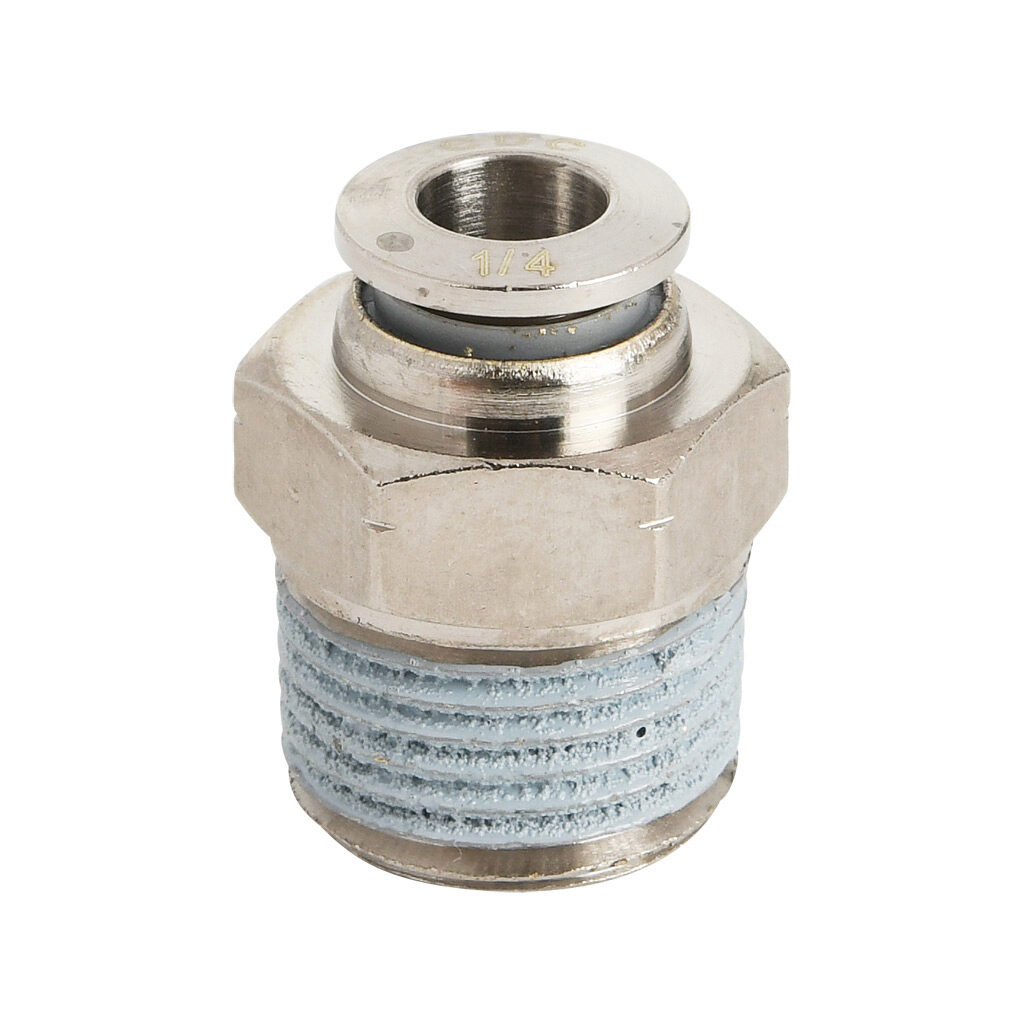 MS14-38N-B - NITRA pneumatic push-to-connect fitting, straight, nickel-plated brass body, nickel-plated brass threads, thread sealant, (1) 3/8in male NPT to (1) 1/4in push-to-connect. Package of 5.