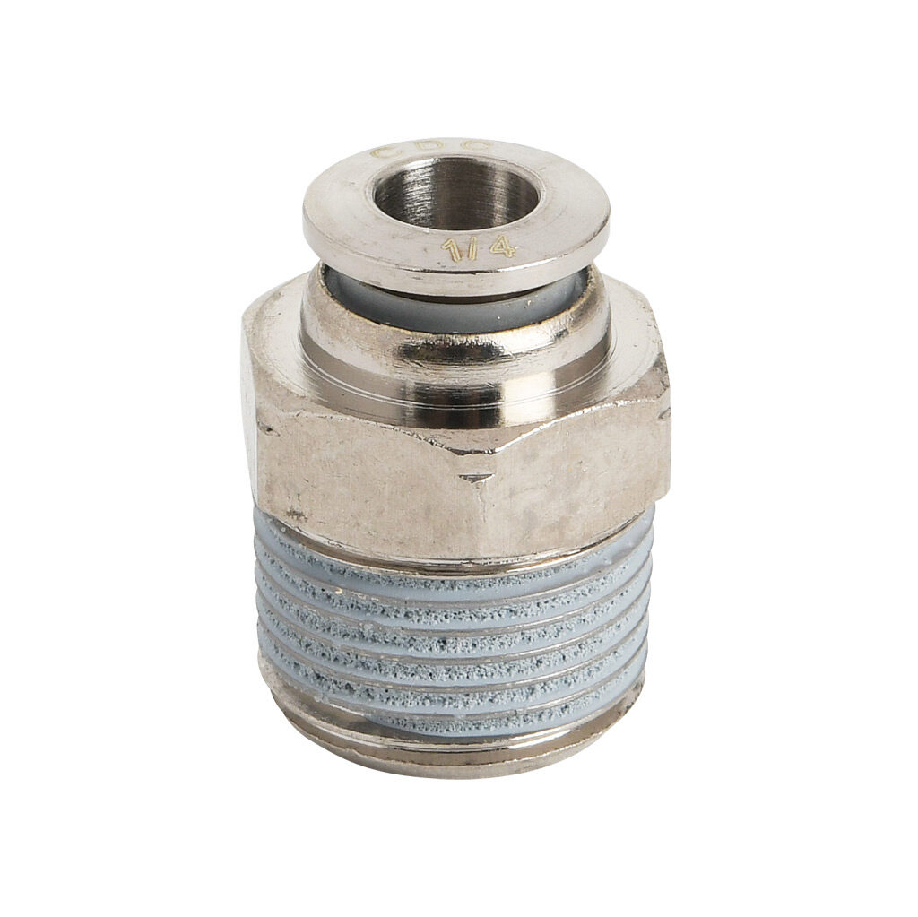 MS14-38R-B - NITRA pneumatic push-to-connect fitting, straight, nickel-plated brass body, nickel-plated brass threads, thread sealant, (1) R3/8 male BSPT to (1) 1/4in push-to-connect. Package of 5.