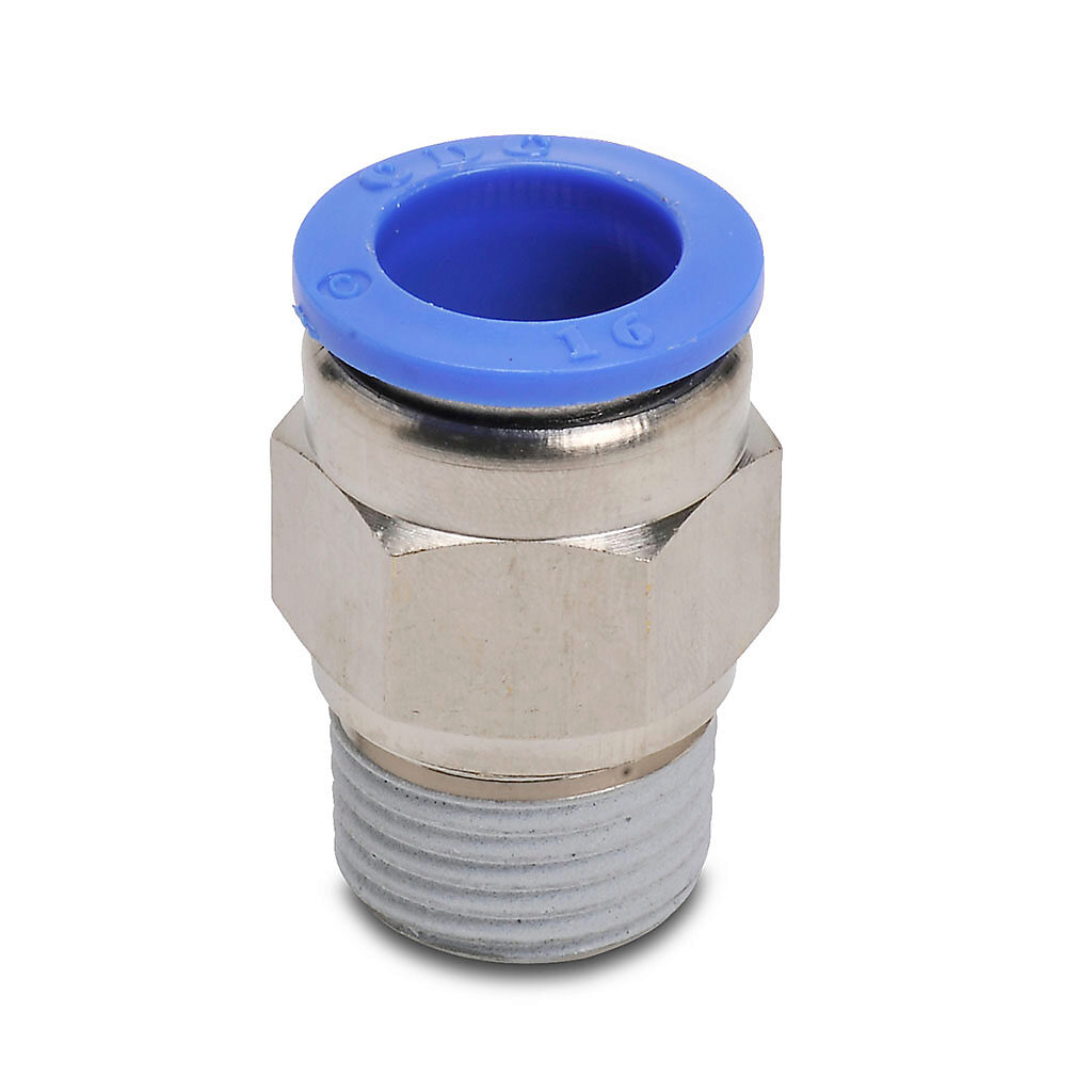 MS16M-12R - NITRA pneumatic push-to-connect fitting, straight, nickel-plated brass body, nickel-plated brass threads, thread sealant, (1) R1/2 male BSPT to (1) 16mm push-to-connect. Package of 5.