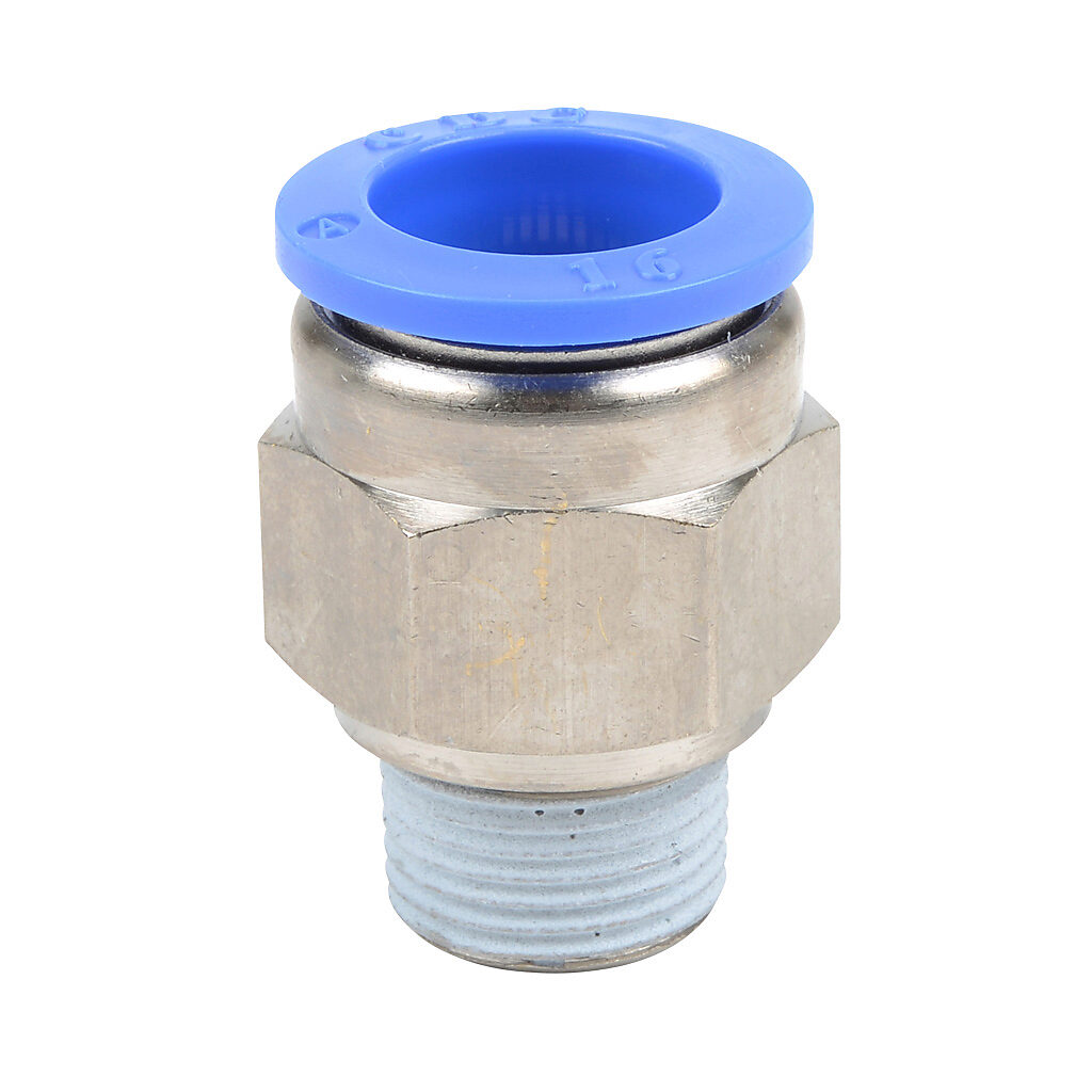 MS16M-38R - NITRA pneumatic push-to-connect fitting, straight, nickel-plated brass body, nickel-plated brass threads, thread sealant, (1) R3/8 male BSPT to (1) 16mm push-to-connect. Package of 5.