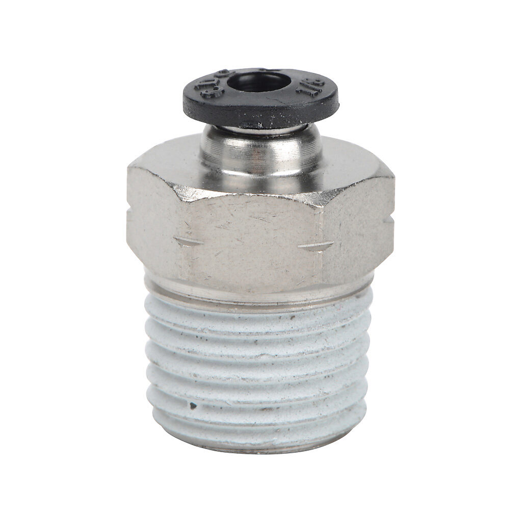 MS18-14N - NITRA pneumatic push-to-connect fitting, straight, nickel-plated brass body, nickel-plated brass threads, thread sealant, (1) 1/4in male NPT to (1) 1/8in push-to-connect. Package of 5.