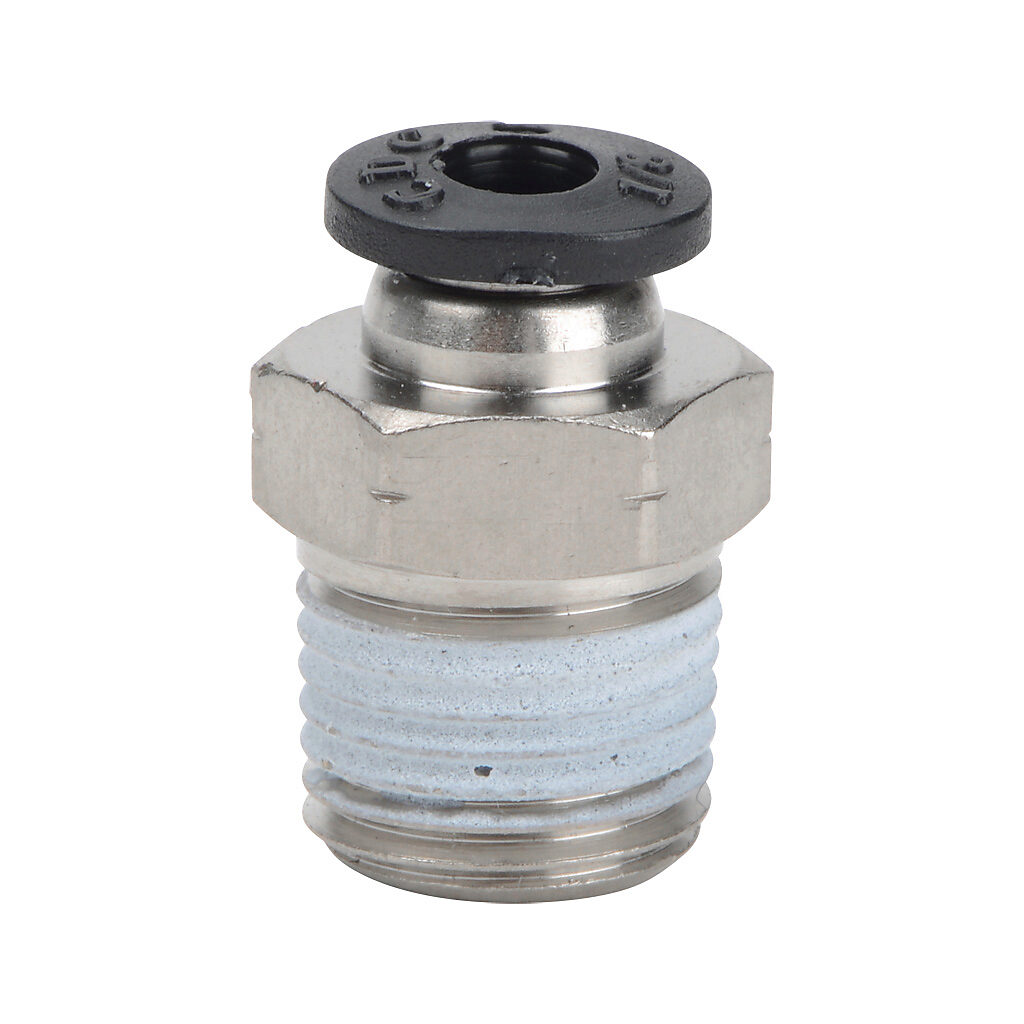 MS18-18N - NITRA pneumatic push-to-connect fitting, straight, nickel-plated brass body, nickel-plated brass threads, thread sealant, (1) 1/8in male NPT to (1) 1/8in push-to-connect. Package of 5.