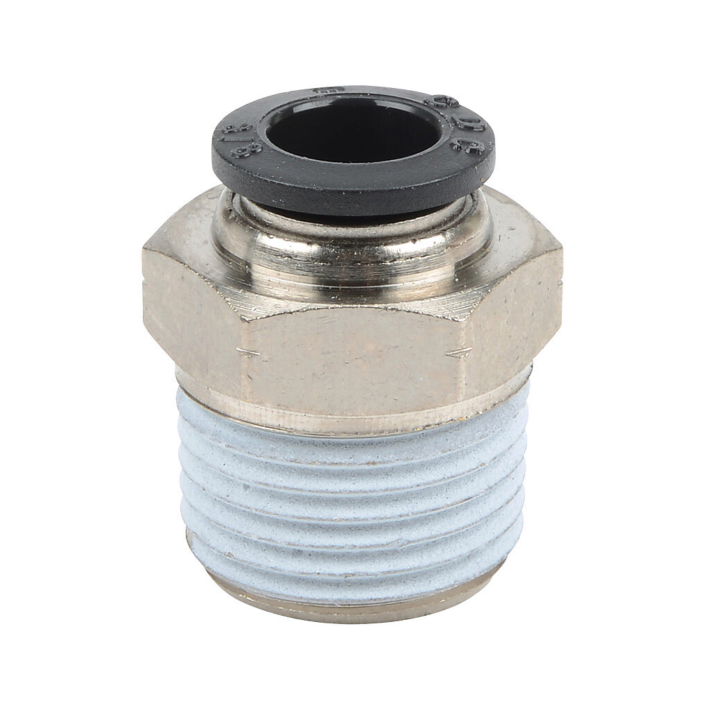 MS38-12N - NITRA pneumatic push-to-connect fitting, straight, nickel-plated brass body, nickel-plated brass threads, thread sealant, (1) 1/2in male NPT to (1) 3/8in push-to-connect. Package of 5.