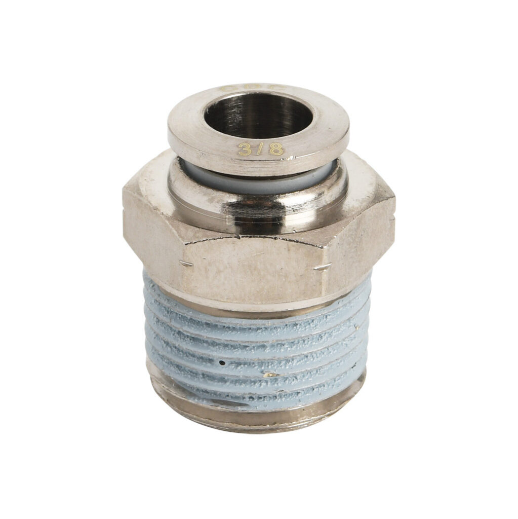 MS38-12N-B - NITRA pneumatic push-to-connect fitting, straight, nickel-plated brass body, nickel-plated brass threads, thread sealant, (1) 1/2in male NPT to (1) 3/8in push-to-connect. Package of 5.