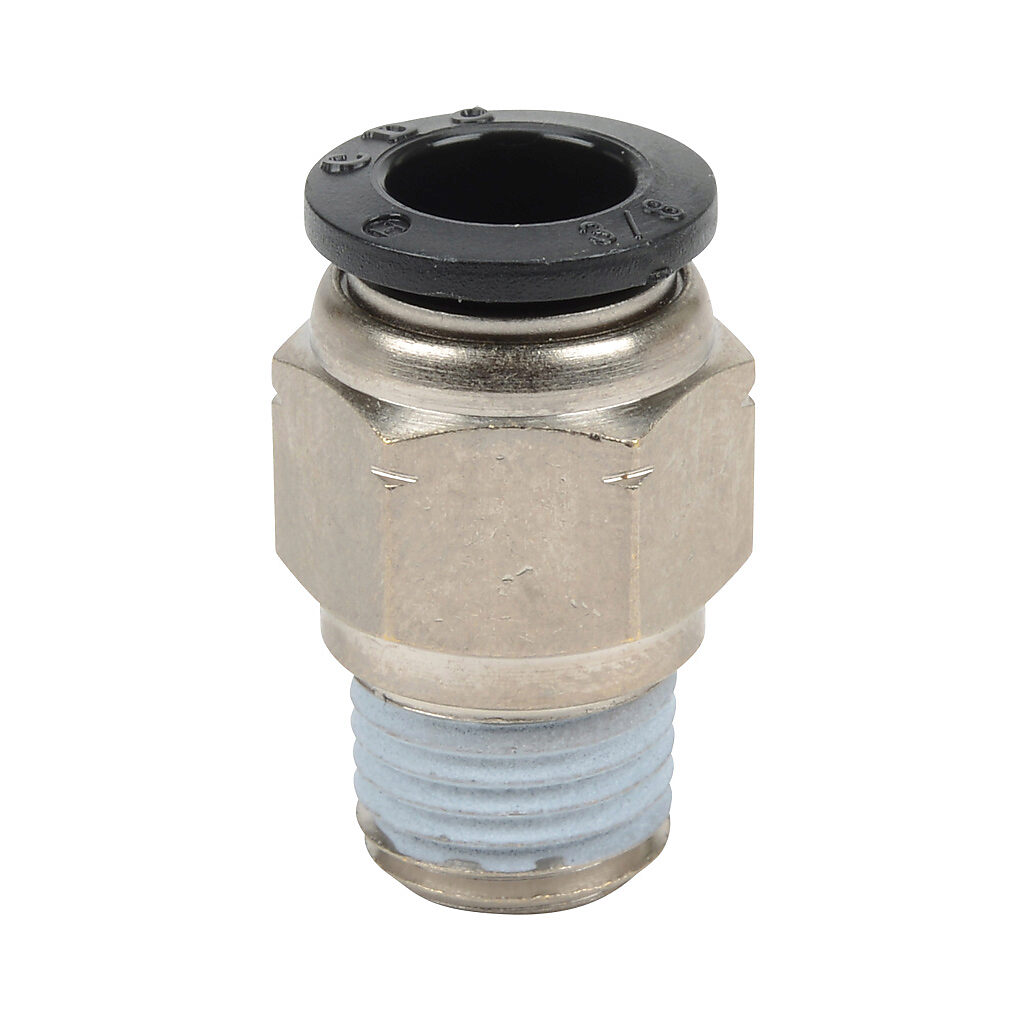 MS38-14N - NITRA pneumatic push-to-connect fitting, straight, nickel-plated brass body, nickel-plated brass threads, thread sealant, (1) 1/4in male NPT to (1) 3/8in push-to-connect. Package of 5.
