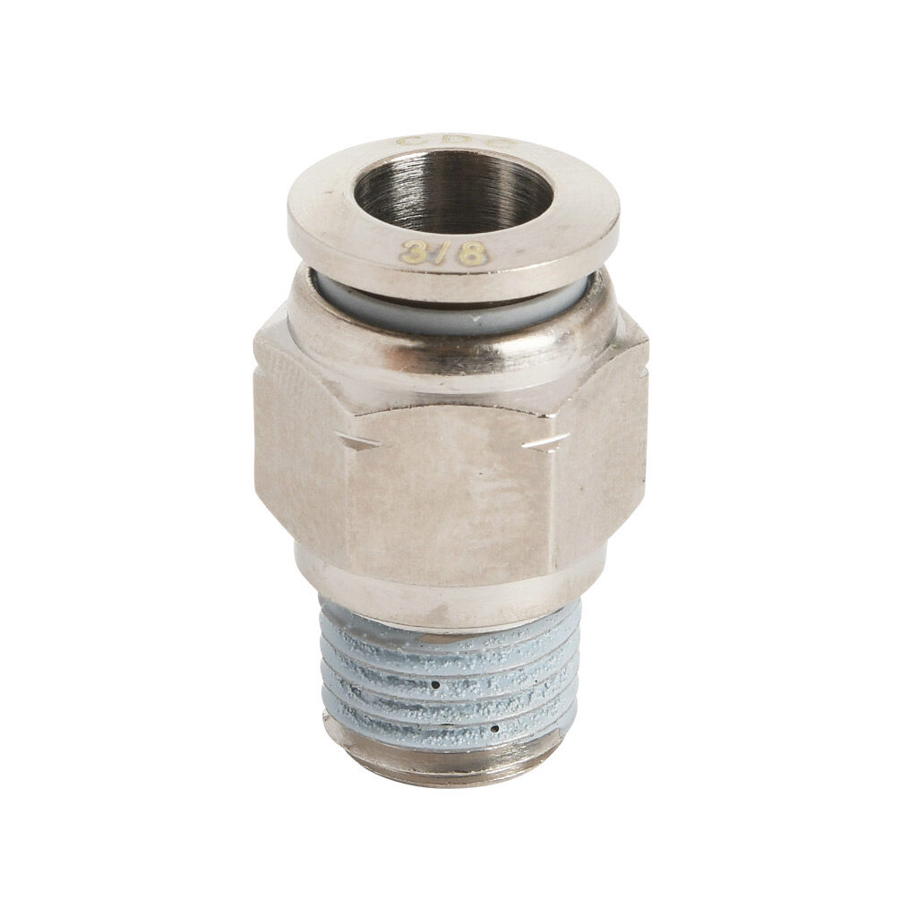 MS38-14N-B - NITRA pneumatic push-to-connect fitting, straight, nickel-plated brass body, nickel-plated brass threads, thread sealant, (1) 1/4in male NPT to (1) 3/8in push-to-connect. Package of 5.