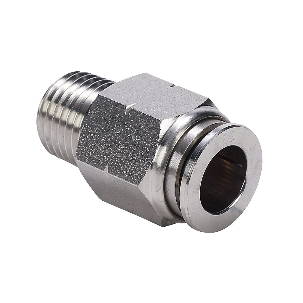 MS38-14N-SS - NITRA pneumatic push-to-connect fitting, straight, 316 stainless steel body, 316 stainless steel threads, (1) 1/4in male NPT to (1) 3/8in push-to-connect.