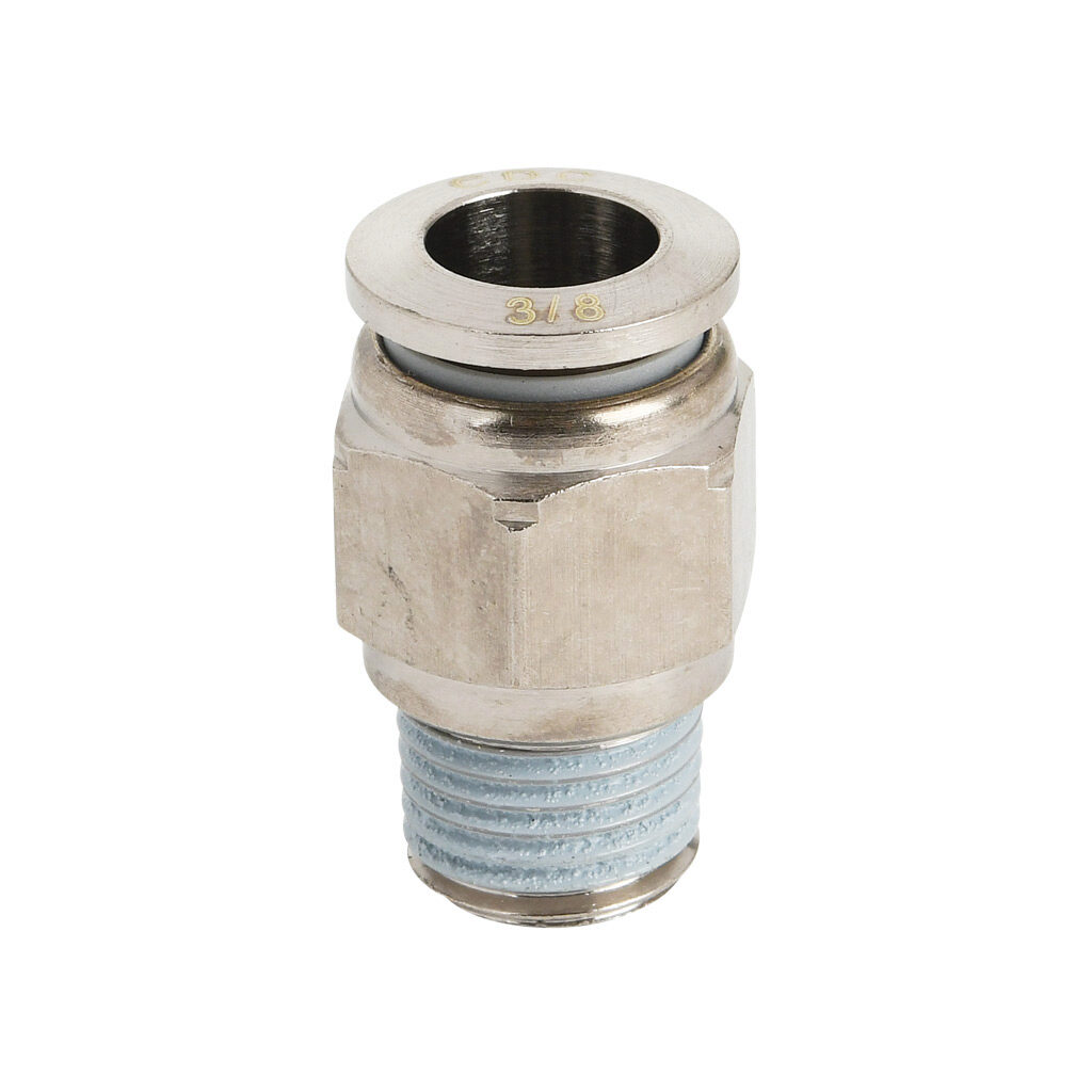 MS38-14R-B - NITRA pneumatic push-to-connect fitting, straight, nickel-plated brass body, nickel-plated brass threads, thread sealant, (1) R1/4 male BSPT to (1) 3/8in push-to-connect. Package of 5.