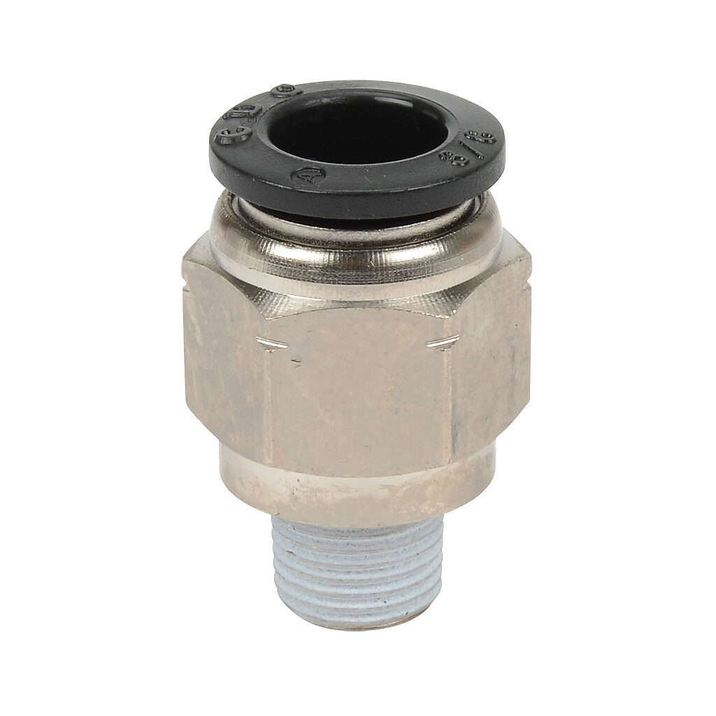 MS38-18N - NITRA pneumatic push-to-connect fitting, straight, nickel-plated brass body, nickel-plated brass threads, thread sealant, (1) 1/8in male NPT to (1) 3/8in push-to-connect. Package of 5.