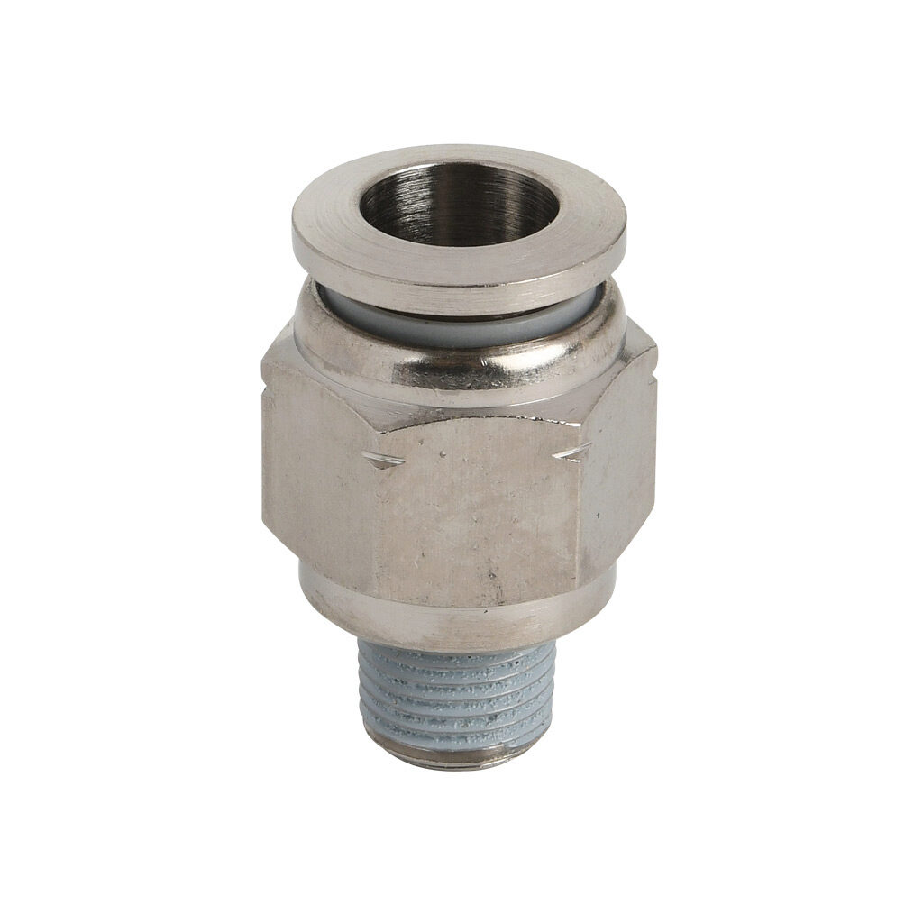 MS38-18N-B - NITRA pneumatic push-to-connect fitting, straight, nickel-plated brass body, nickel-plated brass threads, thread sealant, (1) 1/8in male NPT to (1) 3/8in push-to-connect. Package of 5.