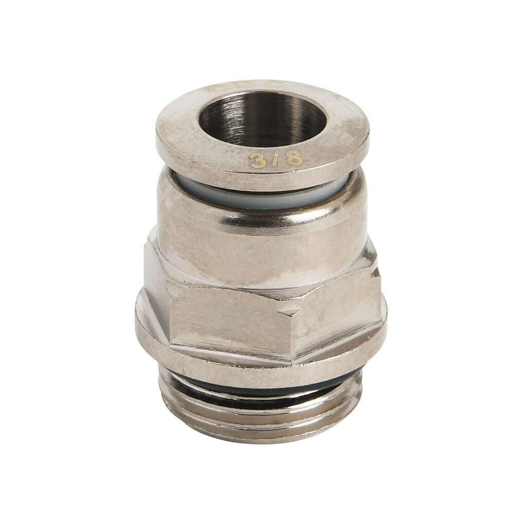 MS38-38G-B - NITRA pneumatic push-to-connect fitting, straight, nickel-plated brass body, nickel-plated brass threads, Buna-N O-ring seal(s), (1) G3/8 male BSPP to (1) 3/8in push-to-connect. Package of 5.