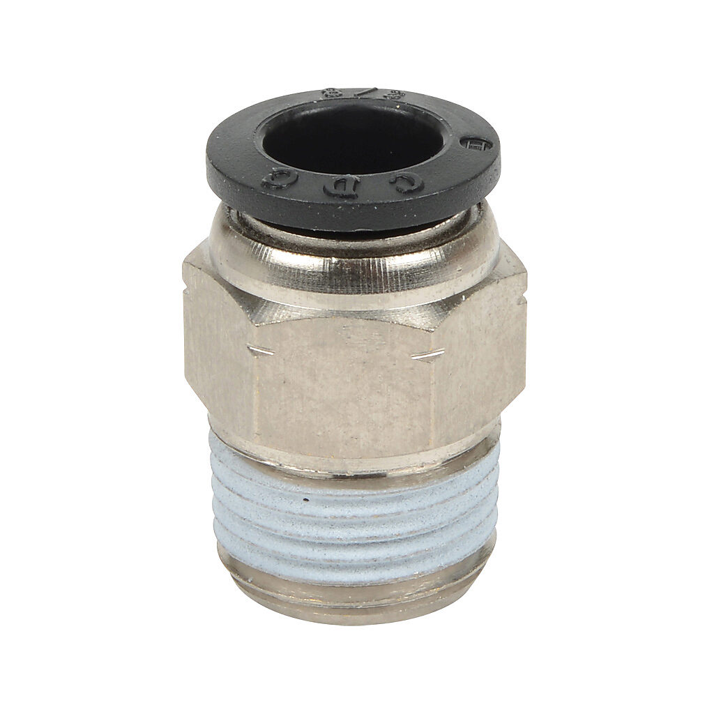MS38-38N - NITRA pneumatic push-to-connect fitting, straight, nickel-plated brass body, nickel-plated brass threads, thread sealant, (1) 3/8in male NPT to (1) 3/8in push-to-connect. Package of 5.