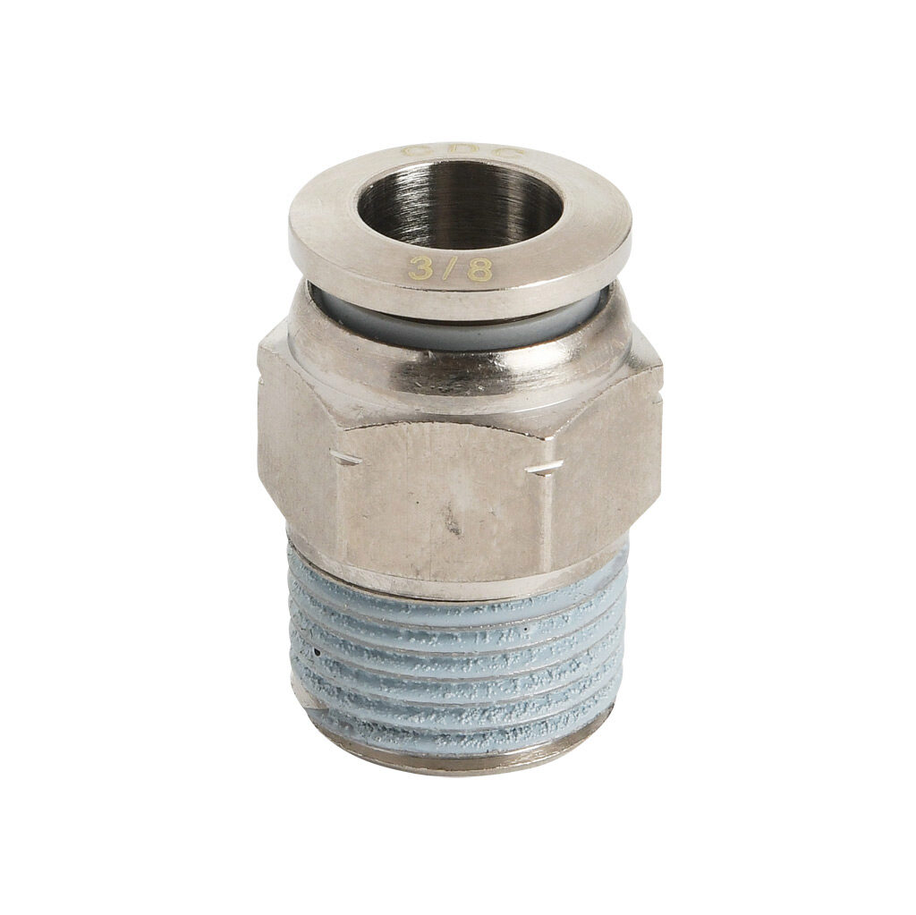 MS38-38N-B - NITRA pneumatic push-to-connect fitting, straight, nickel-plated brass body, nickel-plated brass threads, thread sealant, (1) 3/8in male NPT to (1) 3/8in push-to-connect. Package of 5.