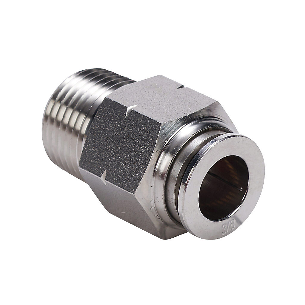 MS38-38N-SS - NITRA pneumatic push-to-connect fitting, straight, 316 stainless steel body, 316 stainless steel threads, (1) 3/8in male NPT to (1) 3/8in push-to-connect.