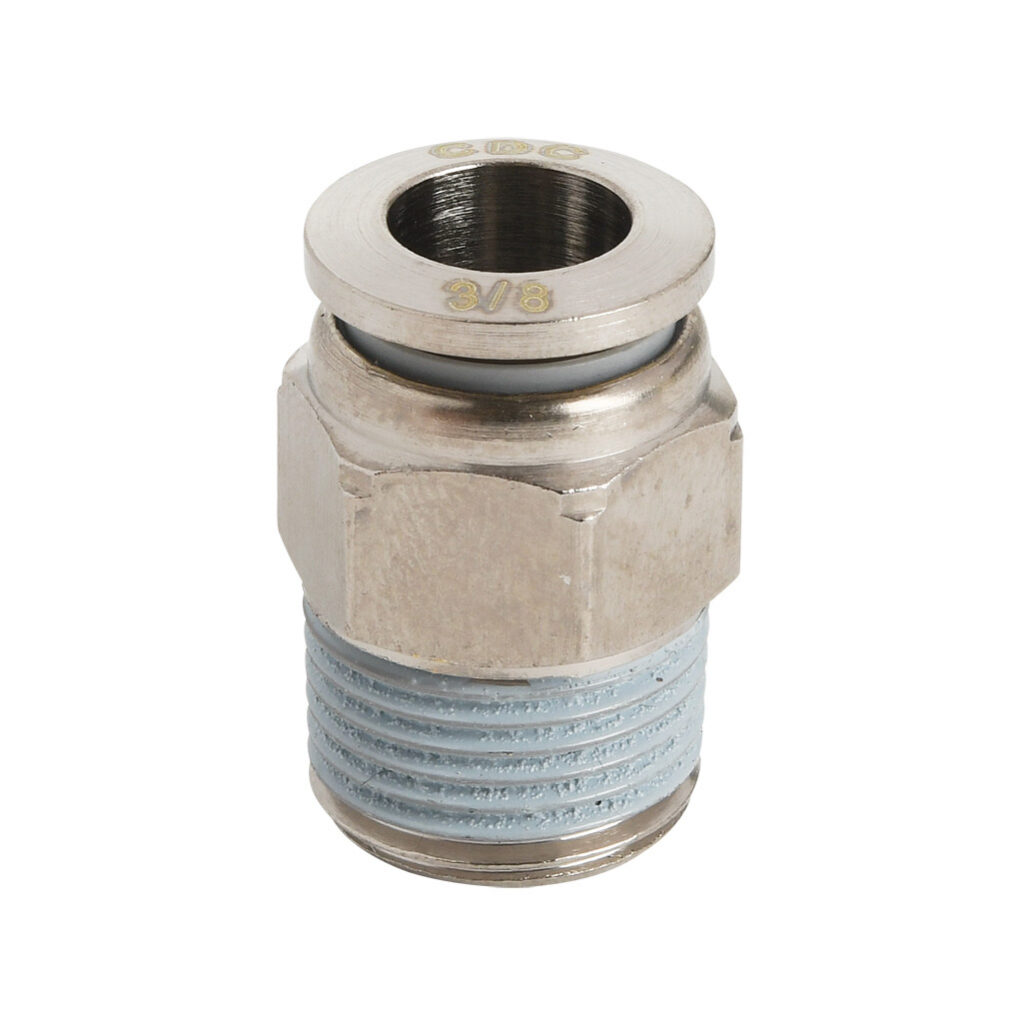 MS38-38R-B - NITRA pneumatic push-to-connect fitting, straight, nickel-plated brass body, nickel-plated brass threads, thread sealant, (1) R3/8 male BSPT to (1) 3/8in push-to-connect. Package of 5.