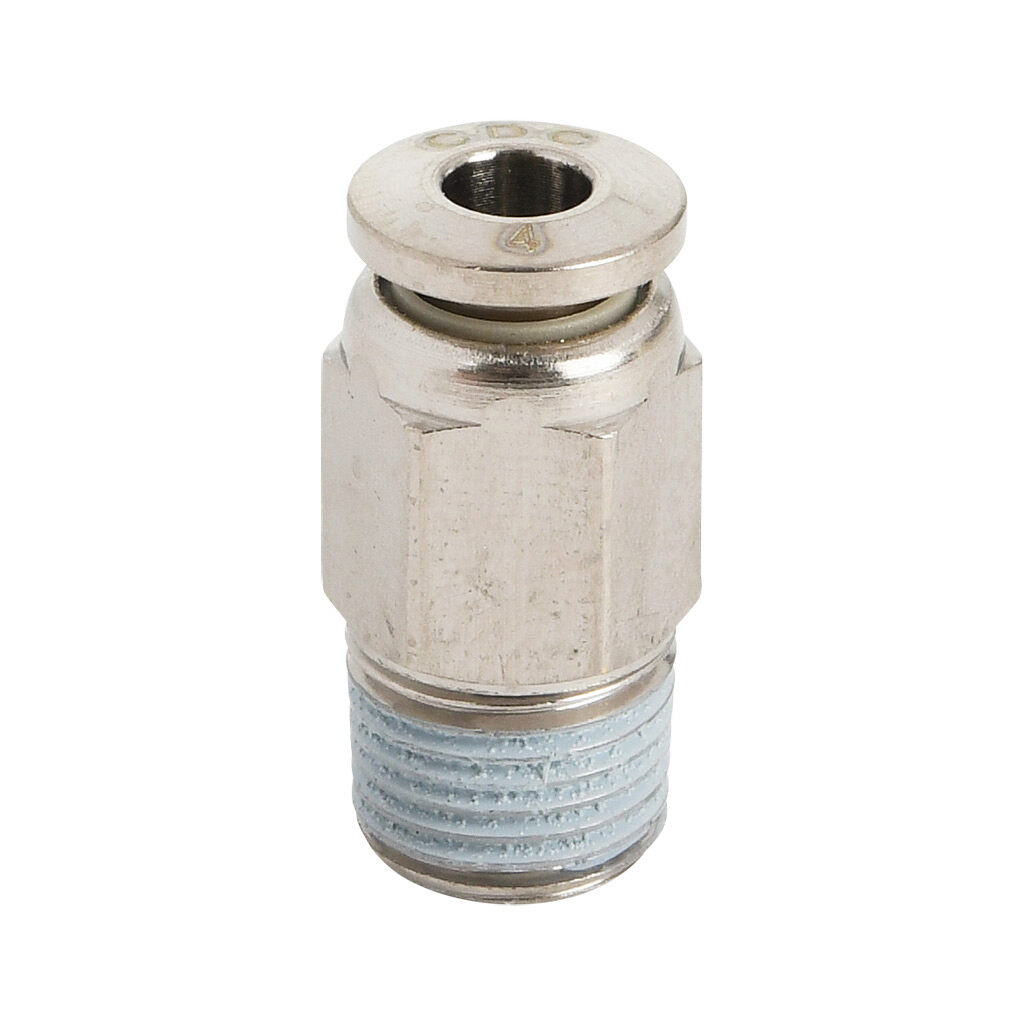 MS4M-18R-B - NITRA pneumatic push-to-connect fitting, straight, nickel-plated brass body, nickel-plated brass threads, thread sealant, (1) R1/8 male BSPT to (1) 5/32in (4mm) push-to-connect. Package of 5.