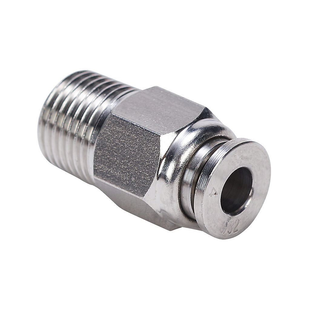 MS4M-18R-SS - NITRA pneumatic push-to-connect fitting, straight, 316 stainless steel body, 316 stainless steel threads, (1) R1/8 male BSPT to (1) 5/32in (4mm) push-to-connect.