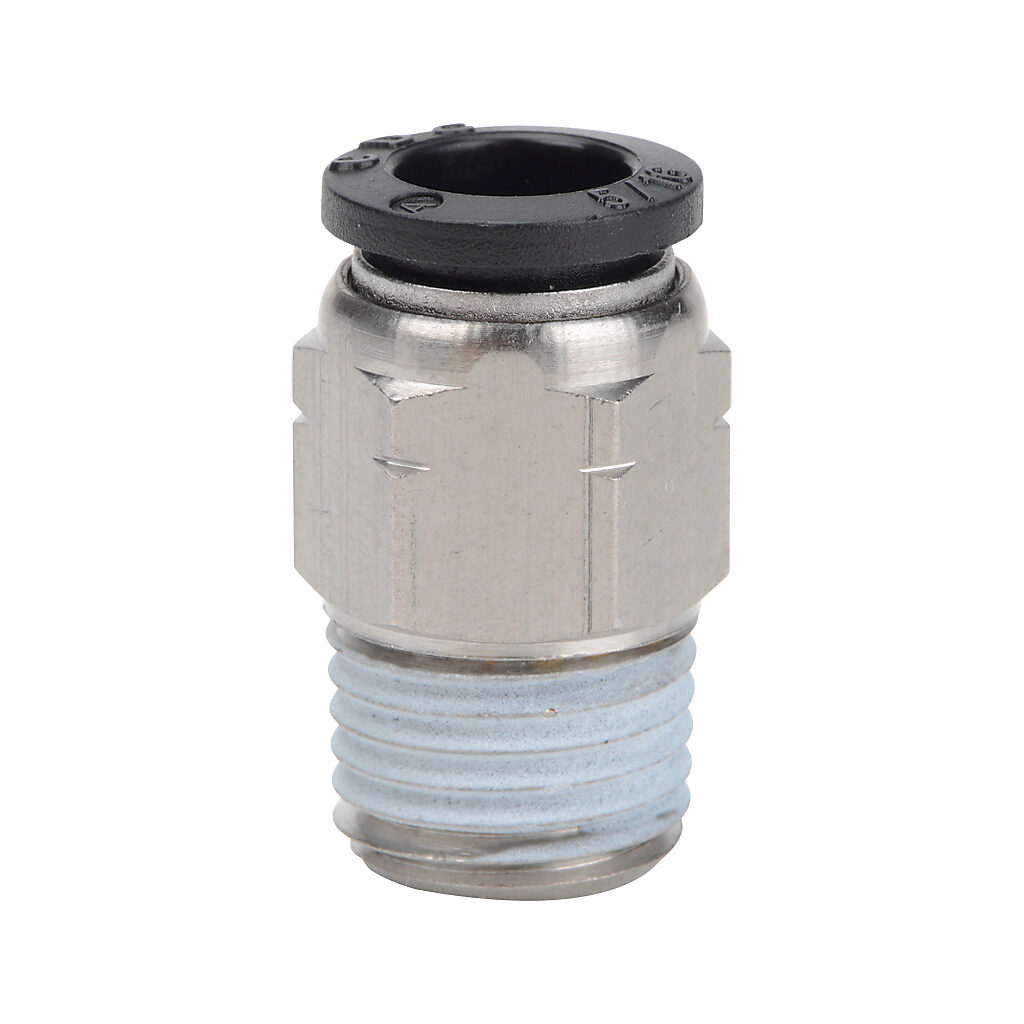 MS516-14N - NITRA pneumatic push-to-connect fitting, straight, nickel-plated brass body, nickel-plated brass threads, thread sealant, (1) 1/4in male NPT to (1) 5/16in (8mm) push-to-connect. Package of 5.