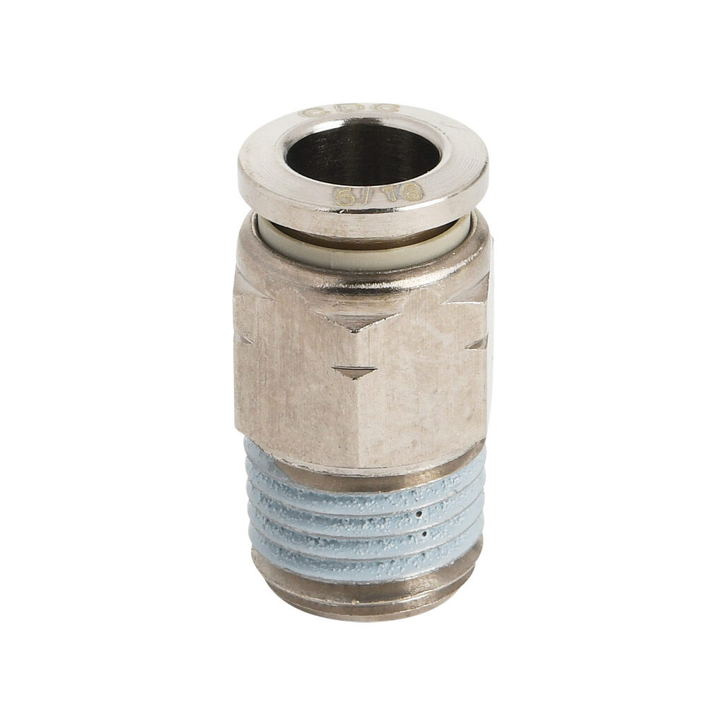 MS516-14N-B - NITRA pneumatic push-to-connect fitting, straight, nickel-plated brass body, nickel-plated brass threads, thread sealant, (1) 1/4in male NPT to (1) 5/16in (8mm) push-to-connect. Package of 5.