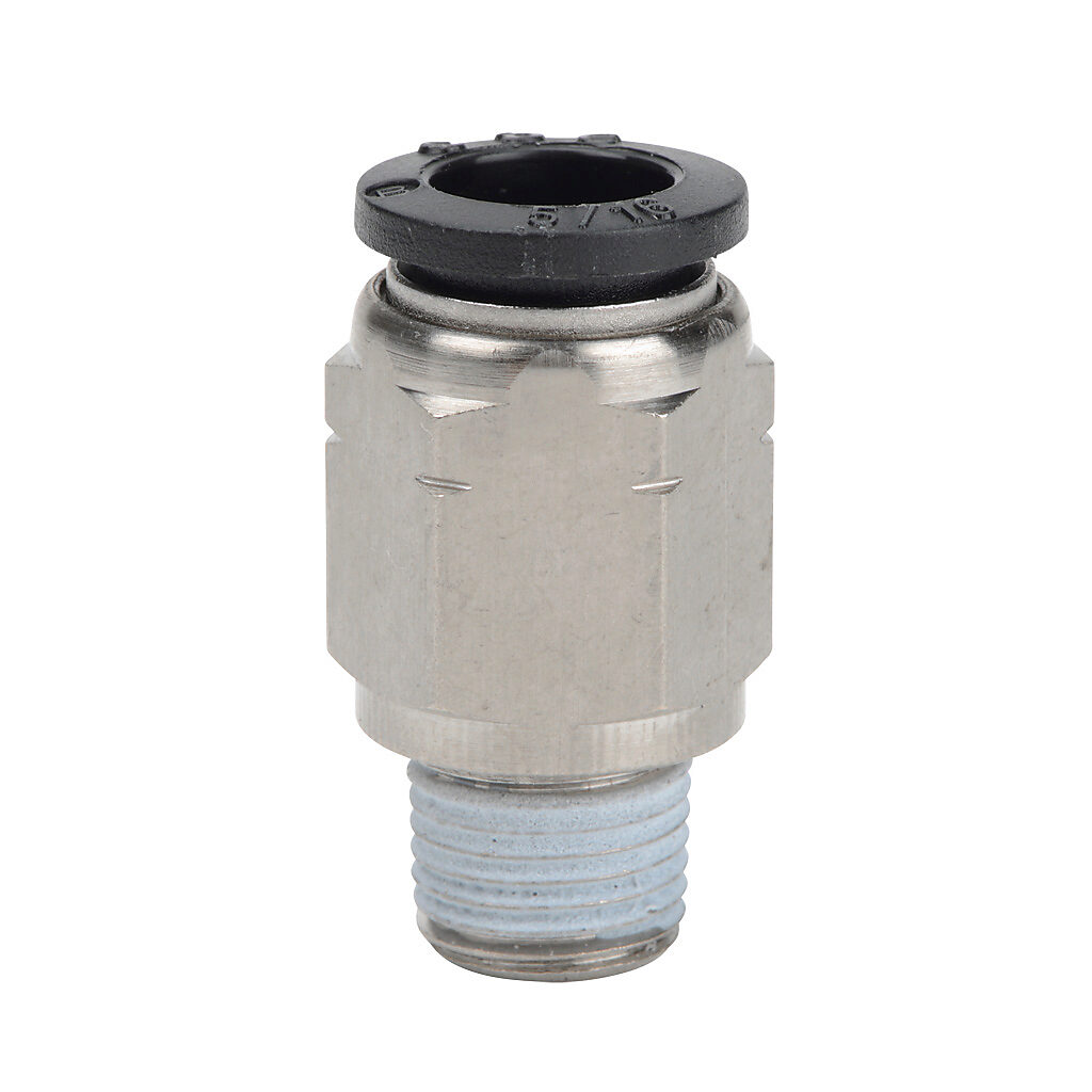 MS516-18N - NITRA pneumatic push-to-connect fitting, straight, nickel-plated brass body, nickel-plated brass threads, thread sealant, (1) 1/8in male NPT to (1) 5/16in (8mm) push-to-connect. Package of 5.