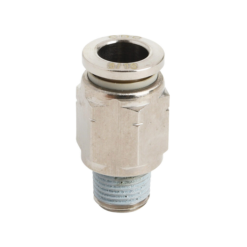 MS516-18N-B - NITRA pneumatic push-to-connect fitting, straight, nickel-plated brass body, nickel-plated brass threads, thread sealant, (1) 1/8in male NPT to (1) 5/16in (8mm) push-to-connect. Package of 5.