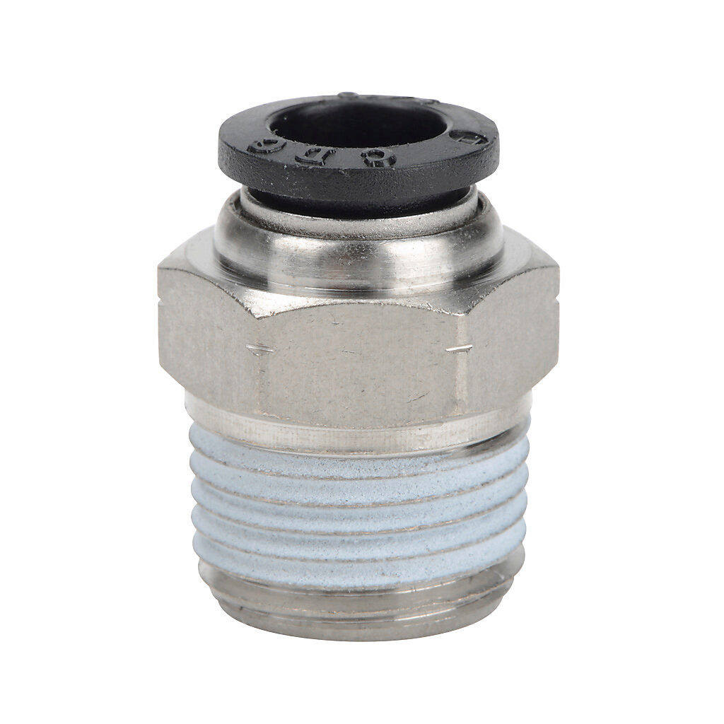 MS516-38N - NITRA pneumatic push-to-connect fitting, straight, nickel-plated brass body, nickel-plated brass threads, thread sealant, (1) 3/8in male NPT to (1) 5/16in (8mm) push-to-connect. Package of 5.